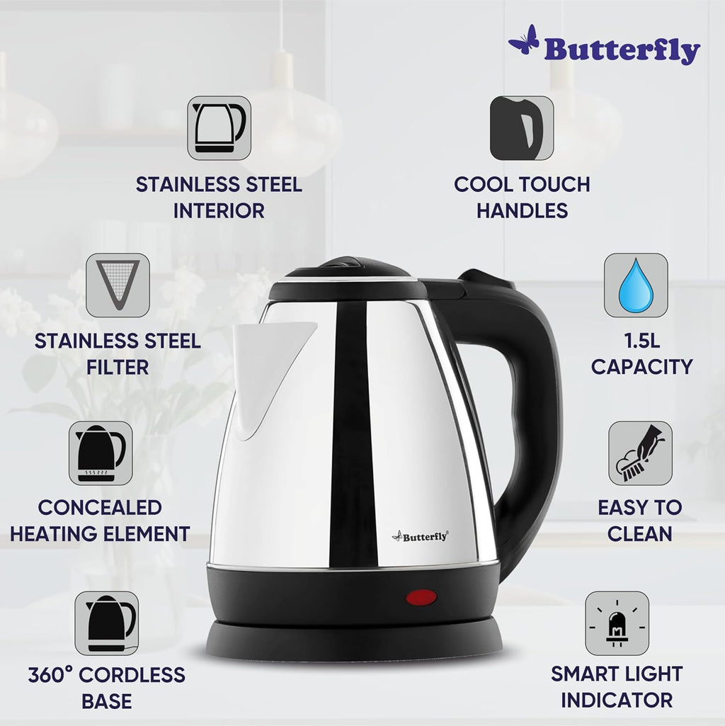 Butterfly EKN Stainless Steel Electric Kettle 1.5L + Eco SS Water Bottle 750ml Combo | Auto Shut Off | Dry Boil Protection | Coffee,Tea,Soup,Noodles | Home,Office,Travel,Kitchen Bottle,1500 Watts