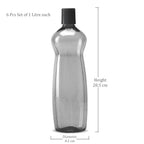 MILTON Pacific Pack of 6 Water Bottles, 1 Litre Each, Reusable Plastic Fridge Bottle Set, BPA Free and Leak Proof Bottles for Travel, Work, Grey