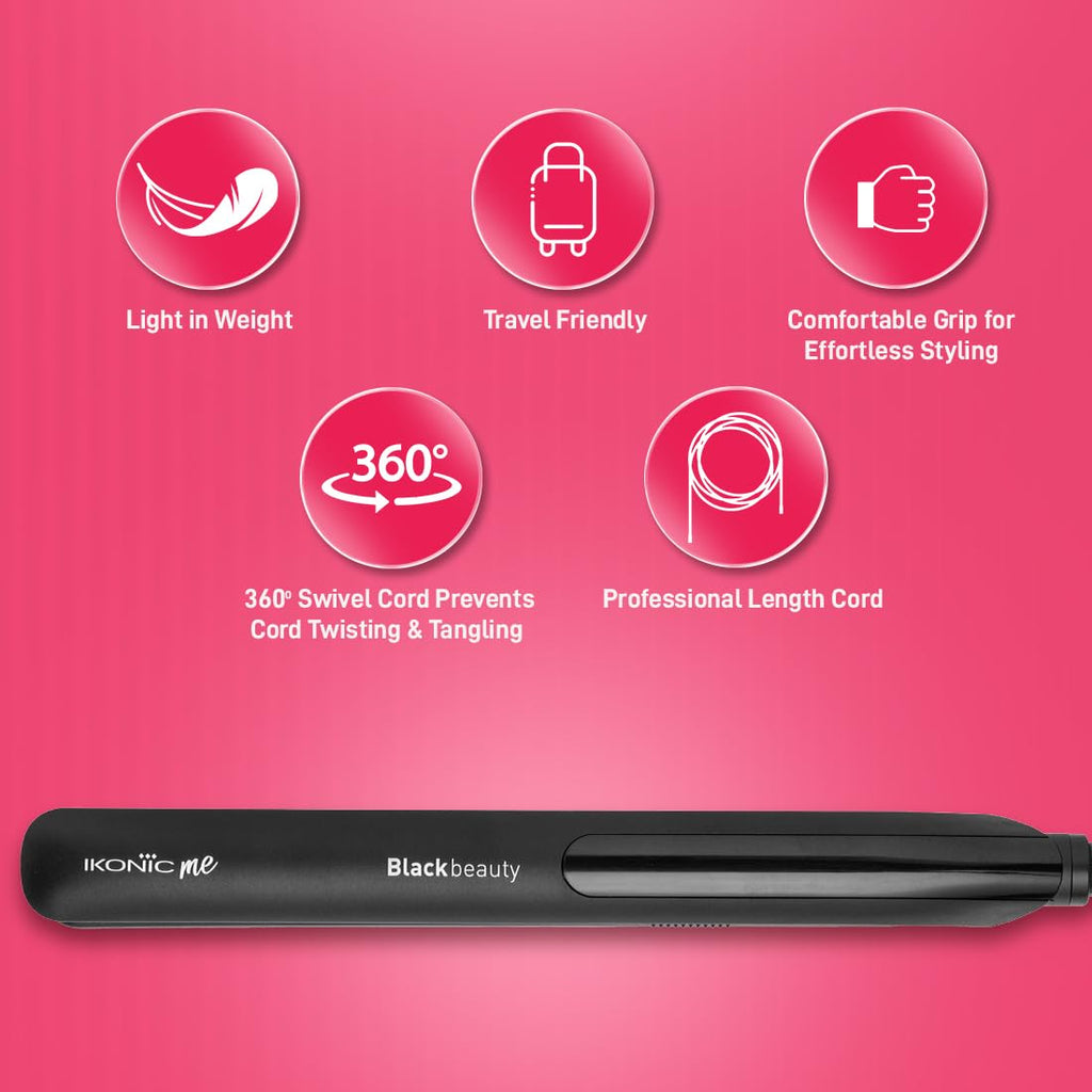 Ikonic Me Black Beauty Hair Straightener, Ceramic Floating Plates, Adjustable Temperature Up To 230°C, Quick Heat-Up Technology, Smooth, Sleek & Shiny Hair Styling, Hair Straightening Tool For Women, Black