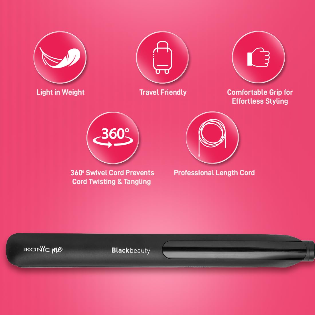 Ikonic Me Black Beauty Hair Straightener, Ceramic Floating Plates, Adjustable Temperature Up To 230°C, Quick Heat-Up Technology, Smooth, Sleek & Shiny Hair Styling, Hair Straightening Tool For Women, Black