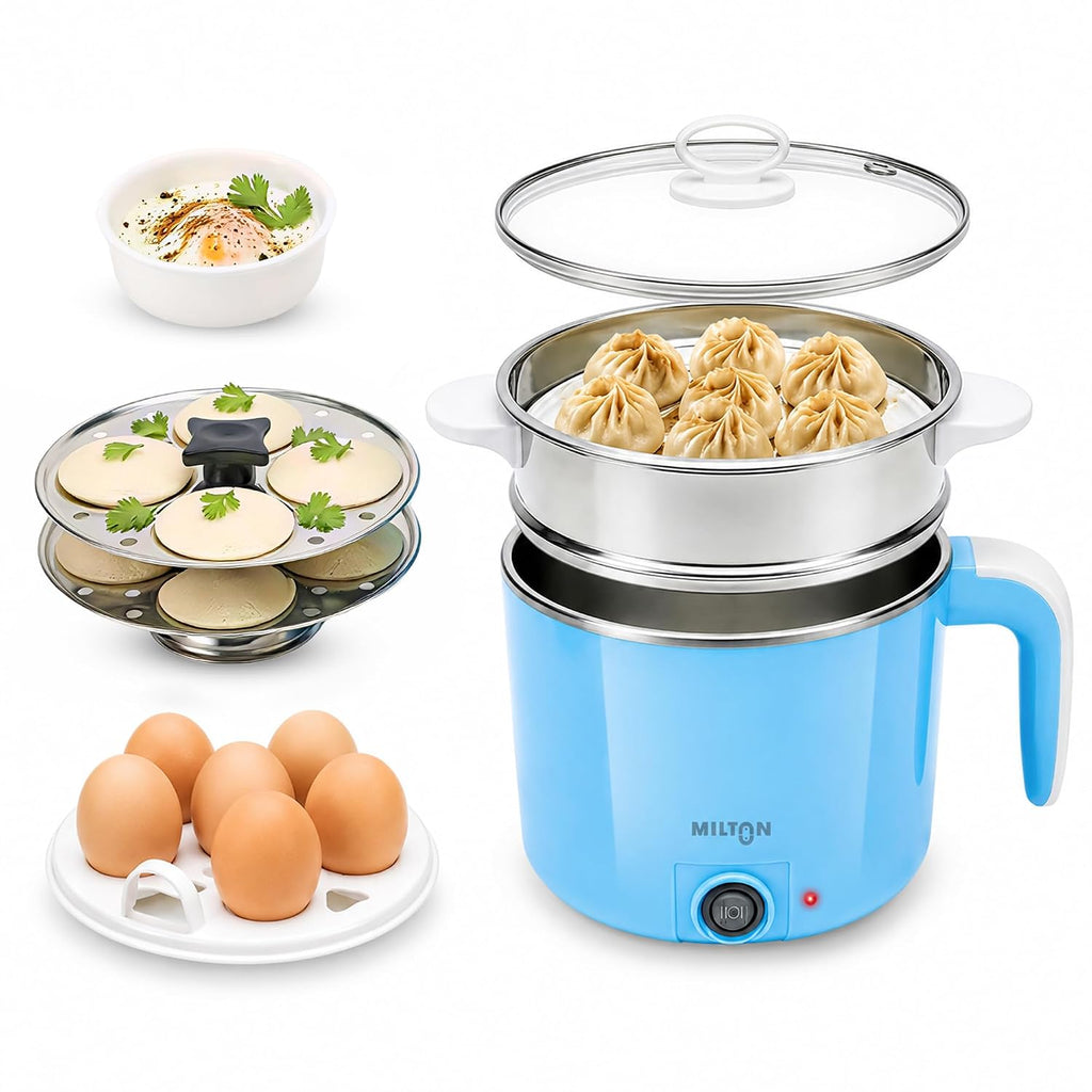 Milton Electric Kettle Multipurpose 1.2L | 600W Multi Cooker Kessel | 4-in-1 with Idli Stand (2 Plates), Steamer With Stainless Steel Stand, Egg Boiler | 1 Year Warranty
