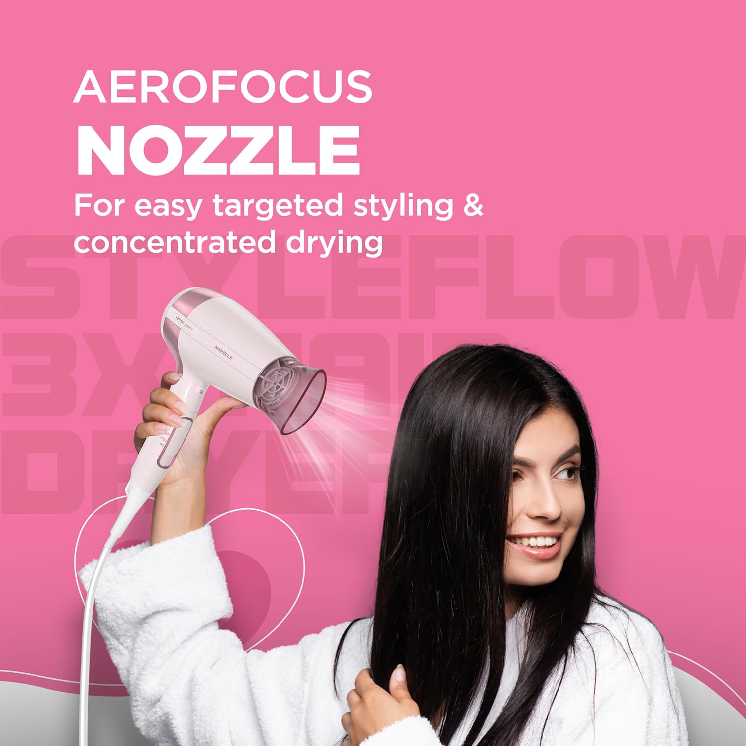 Havells Styling Hair Dryer | 3 Detachable Attachments | Diffuser, Quill-Style Comb & Aerofocus Nozzle | 3 Temperature/ 2 Speed Settings | Cool Shot | 2 Year Guarantee | HD5161