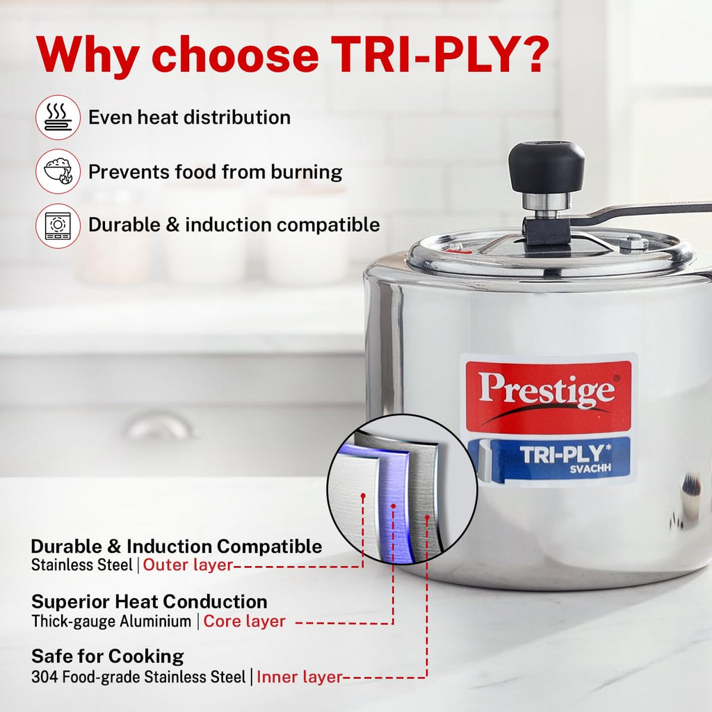 Prestige 3 Litre TRIPLY Svachh Inner Lid Pressure Cooker | Deep Lid for Spillage Control | Visual Pressure Indicator | Metallic Safety Plug | VPI | Gas & Induction Compatible | 5Y Warranty