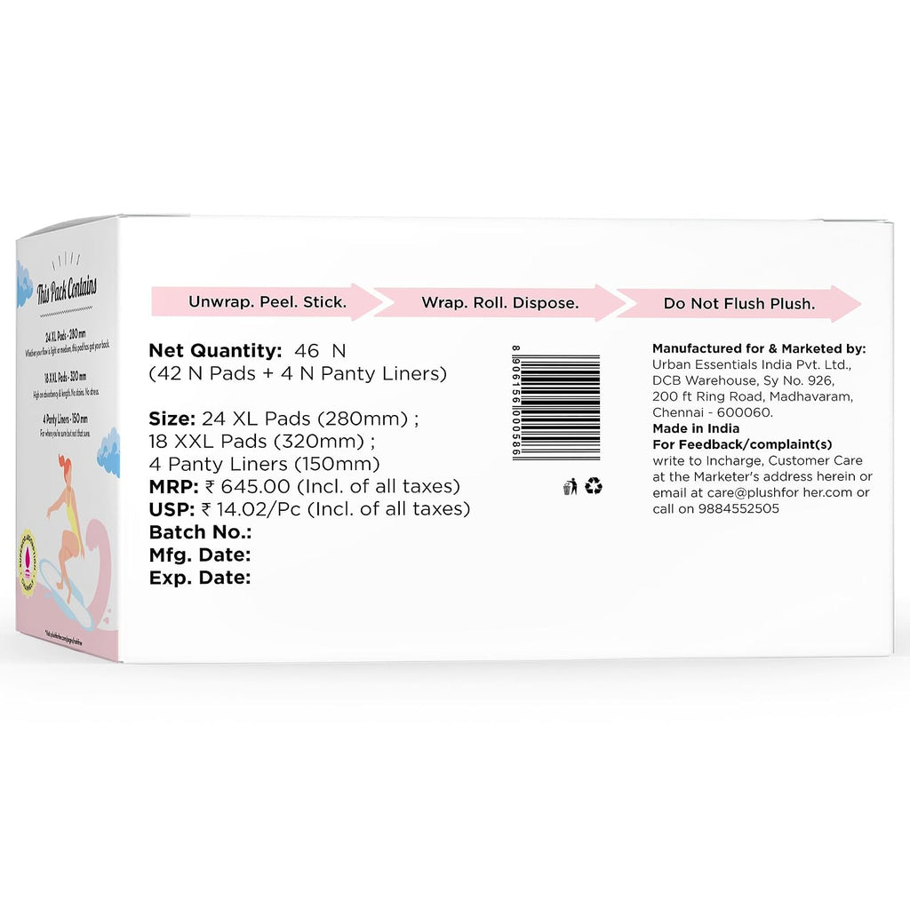 Plush Ultra-Thin Sanitary Napkins for Women, 42 Pcs | SUPER SAVER PACK | 24 XL Pads (Light-Medium Flow), 18 XXL Pad (Heavy Flow), 4 Panty Liners | 100% Rash-Free | Pure U.S. Cotton Sanitary Pads | No Fragrance | No Toxic-Chemicals