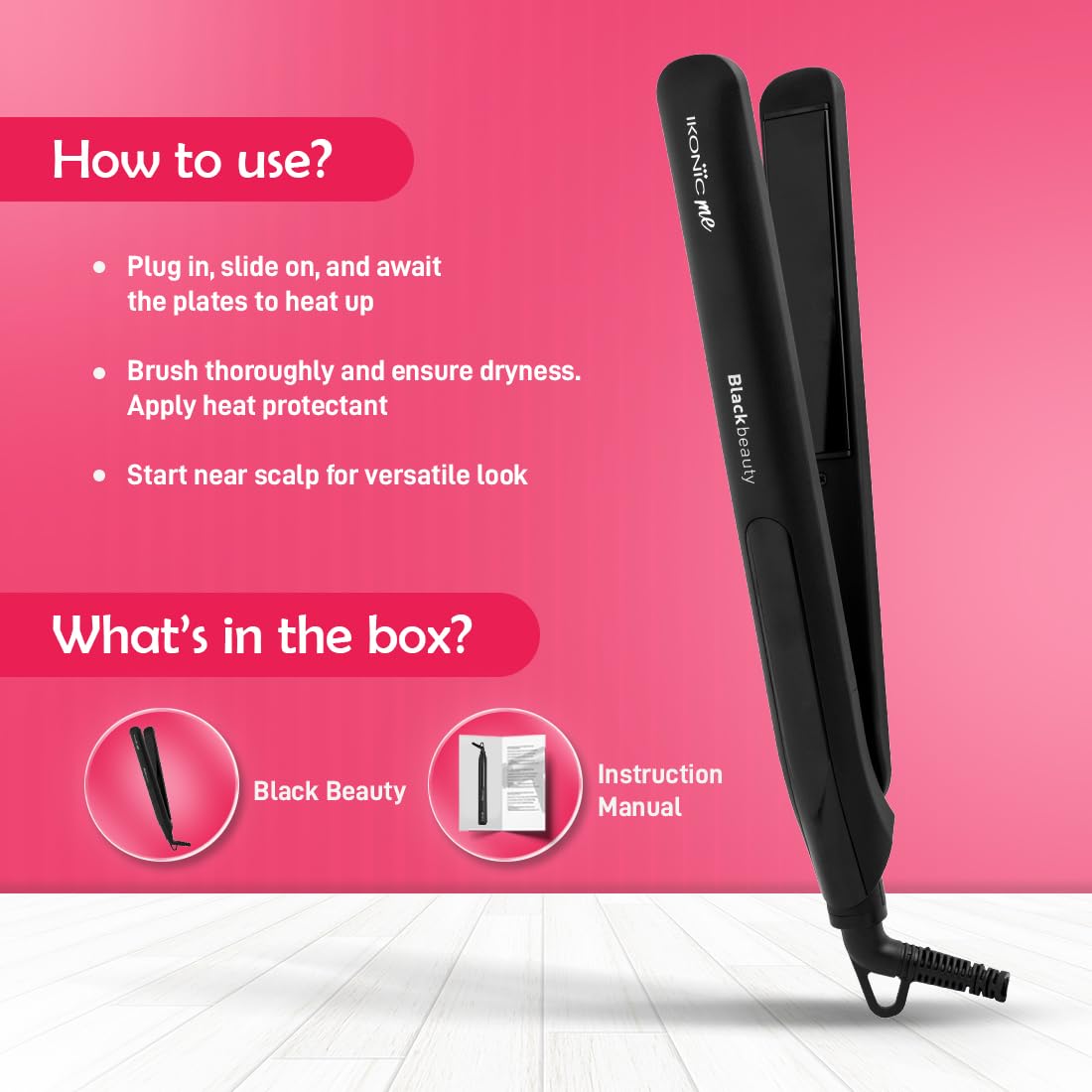 Ikonic Me Black Beauty Hair Straightener, Ceramic Floating Plates, Adjustable Temperature Up To 230°C, Quick Heat-Up Technology, Smooth, Sleek & Shiny Hair Styling, Hair Straightening Tool For Women, Black