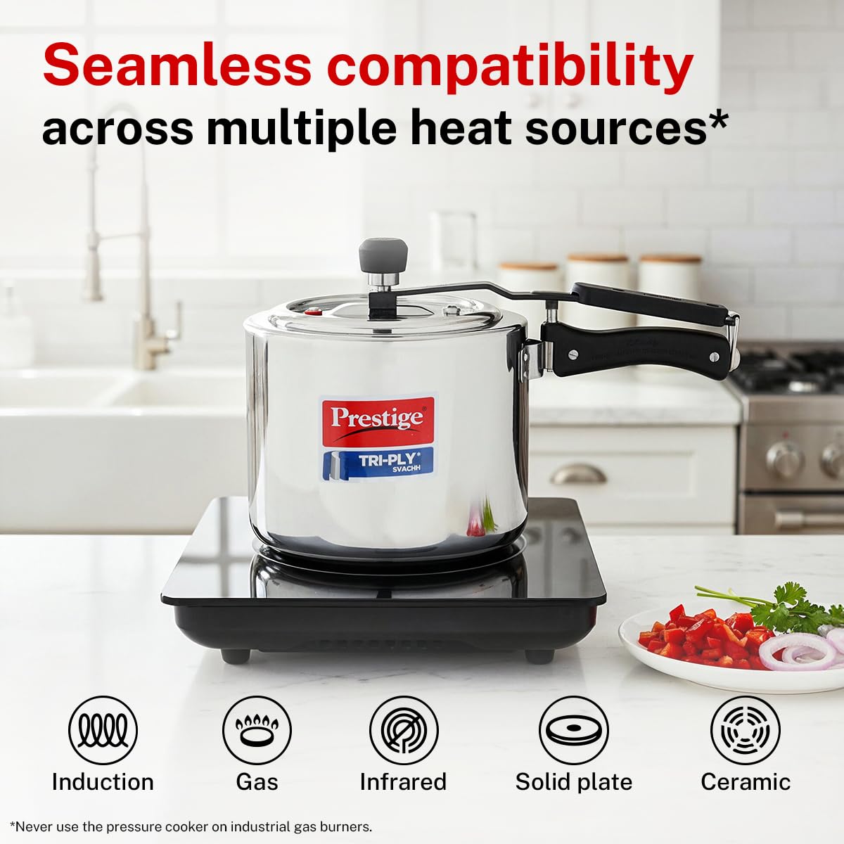 Prestige 3 Litre TRIPLY Svachh Inner Lid Pressure Cooker | Deep Lid for Spillage Control | Visual Pressure Indicator | Metallic Safety Plug | VPI | Gas & Induction Compatible | 5Y Warranty