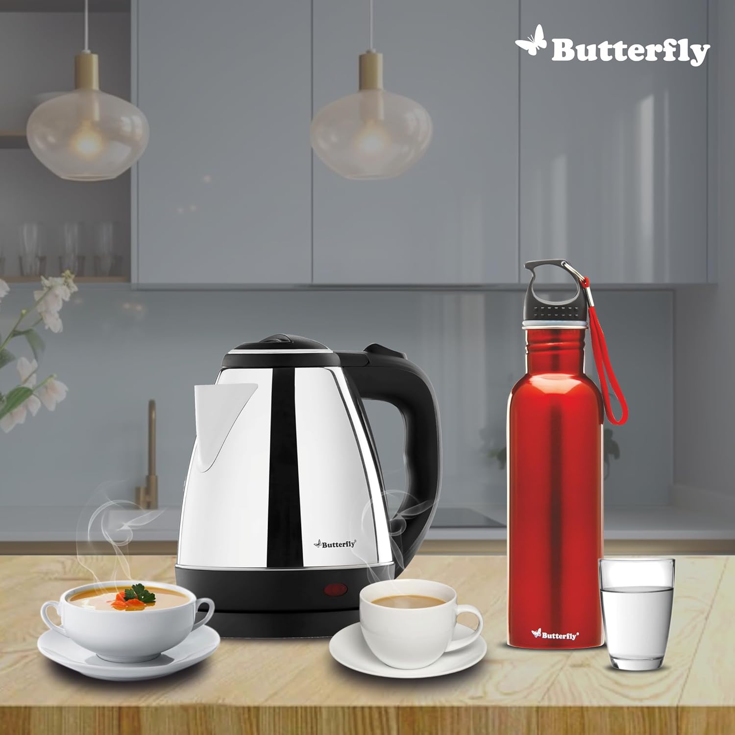 Butterfly EKN Stainless Steel Electric Kettle 1.5L + Eco SS Water Bottle 750ml Combo | Auto Shut Off | Dry Boil Protection | Coffee,Tea,Soup,Noodles | Home,Office,Travel,Kitchen Bottle,1500 Watts