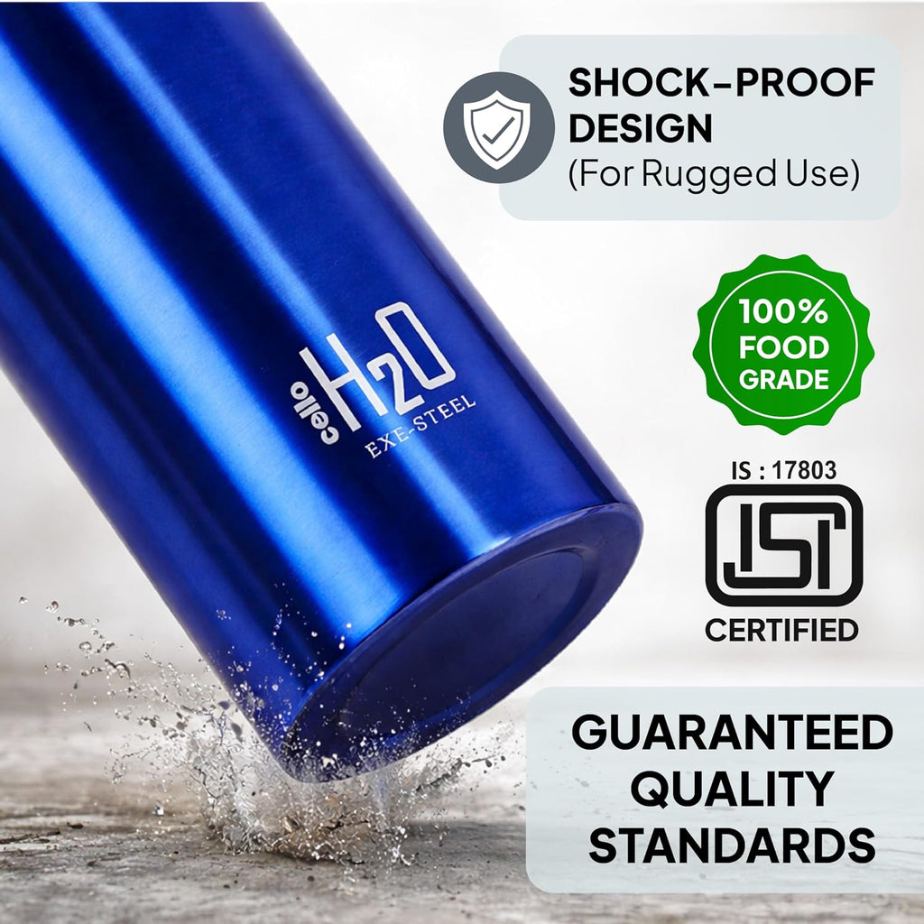 CELLO H2O Stainless Steel Water Bottle for Office & Daily Use 1000 ml Blue | Single Wall Freezer & Fridge Safe, Lightweight & Stylish Leakproof Rustproof Steel Water Bottle for School, Gym & Travel