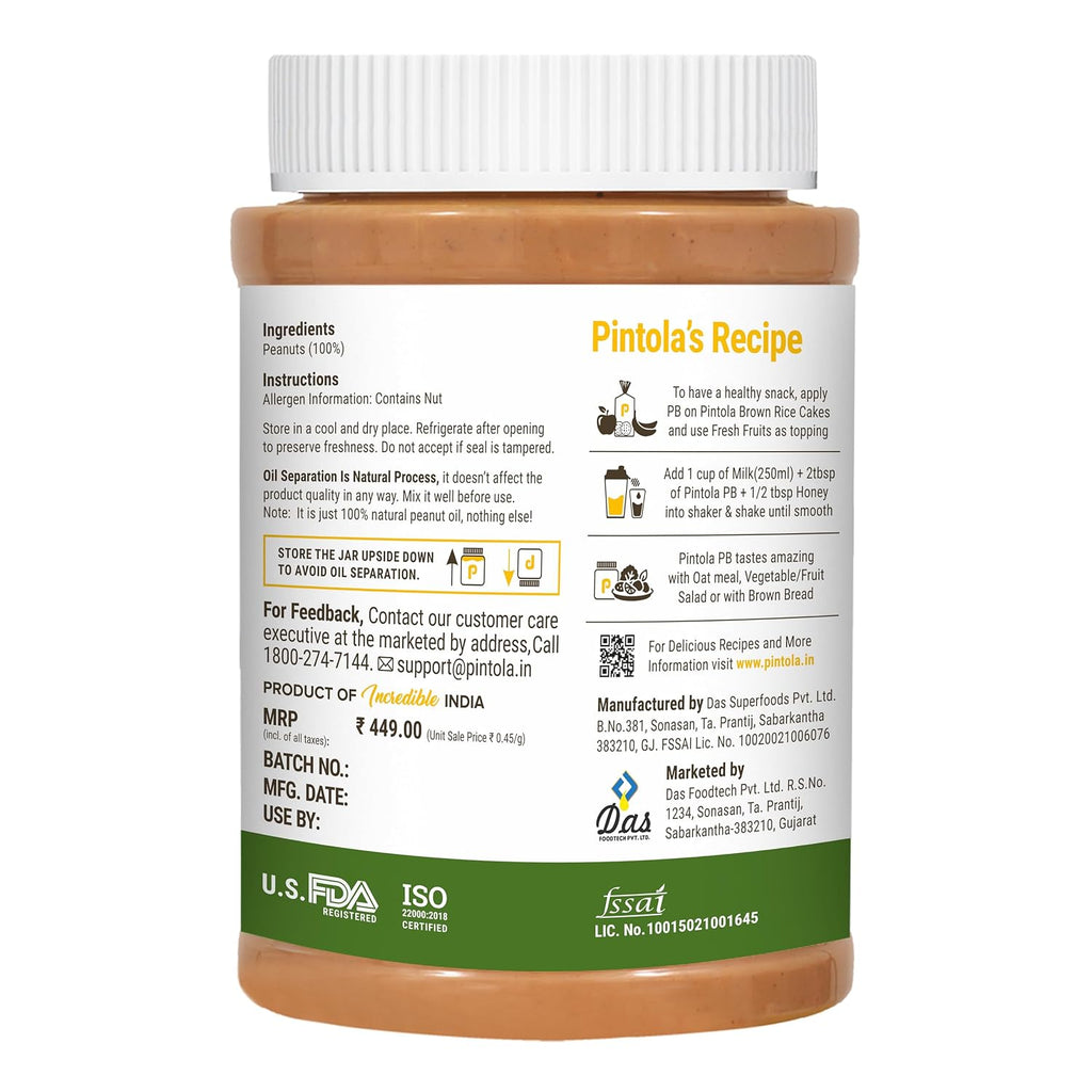 Pintola All Natural Peanut Butter Extra Crunchy 1kg  (Pack of 3)