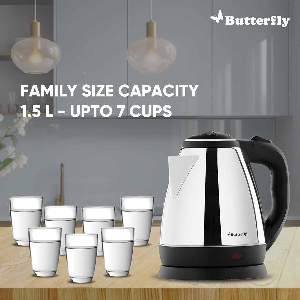 Butterfly EKN Stainless Steel Electric Kettle 1.5L + Eco SS Water Bottle 750ml Combo | Auto Shut Off | Dry Boil Protection | Coffee,Tea,Soup,Noodles | Home,Office,Travel,Kitchen Bottle,1500 Watts