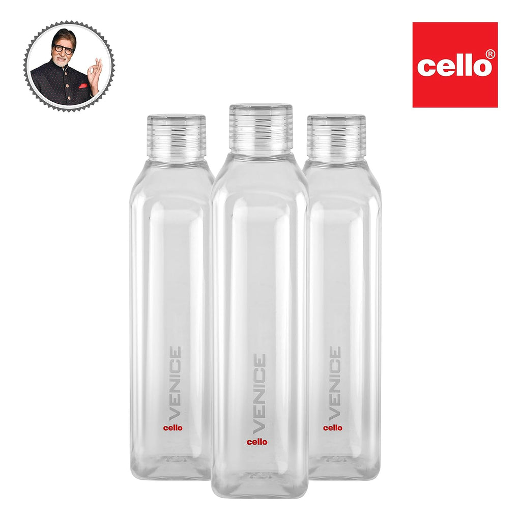 CELLO Venice Exclusive Edition Water Bottles Set of 3 Pcs For Daily Use 1000ml, Transparent | Unbreakable BPA-Free Leakproof Refrigerator Safe Pet Water Bottle For School, Office, Kitchen & Travel