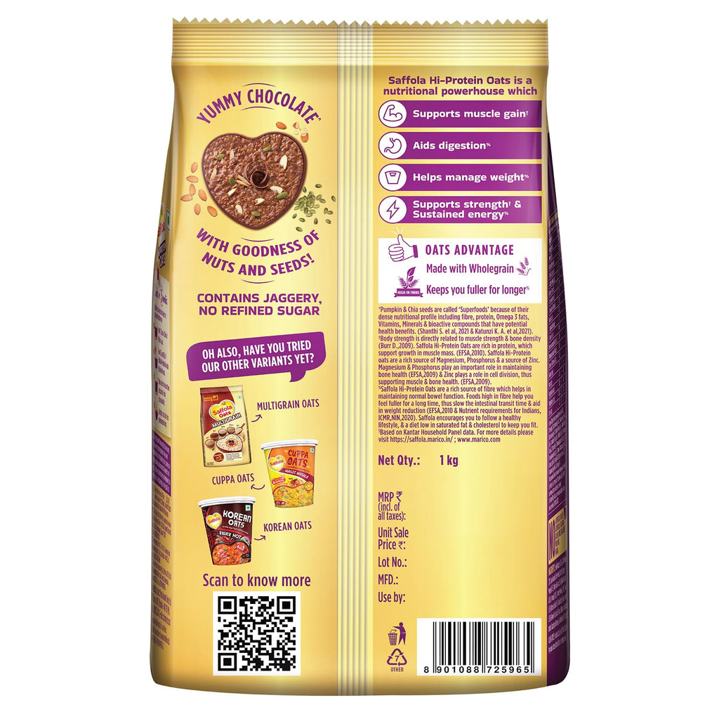 Saffola 25g High Protein Oats | 14g High Fibre | 1kg | Chocolate flavour