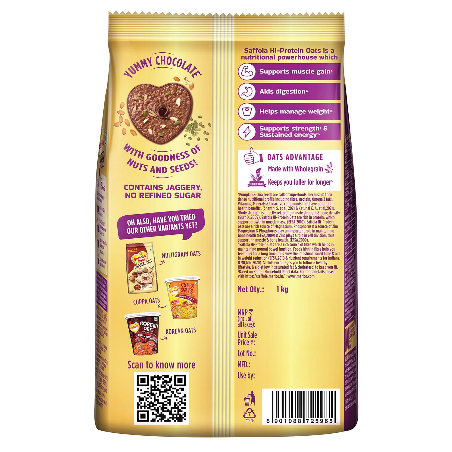 Saffola 25g High Protein Oats | 14g High Fibre | 1kg | Chocolate flavour