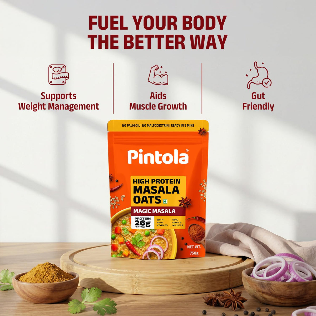 Pintola 26g High Protein Masala Oats 750g, Magic Masala, Breakfast Cereal with High Fiber & Veggies, No Palm Oil, No Preservatives, 5 min Healthy Snack, Helps Manage Weight, Gym Endurance & Gut Friendly