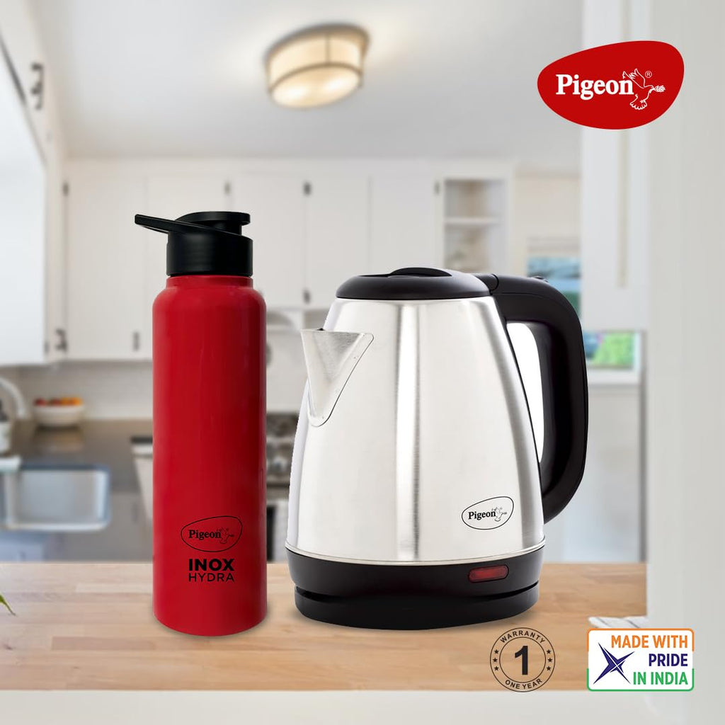 Pigeon 1.5 litre Hot Kettle and Stainless Steel Water Bottle Combo used for boiling Water, Making Tea and Coffee, Instant Noodles, Soup with Auto Shut- off Feature, 1300 W