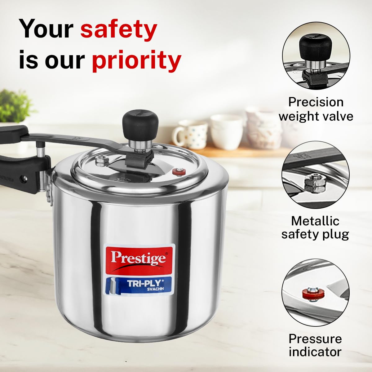 Prestige 3 Litre TRIPLY Svachh Inner Lid Pressure Cooker | Deep Lid for Spillage Control | Visual Pressure Indicator | Metallic Safety Plug | VPI | Gas & Induction Compatible | 5Y Warranty
