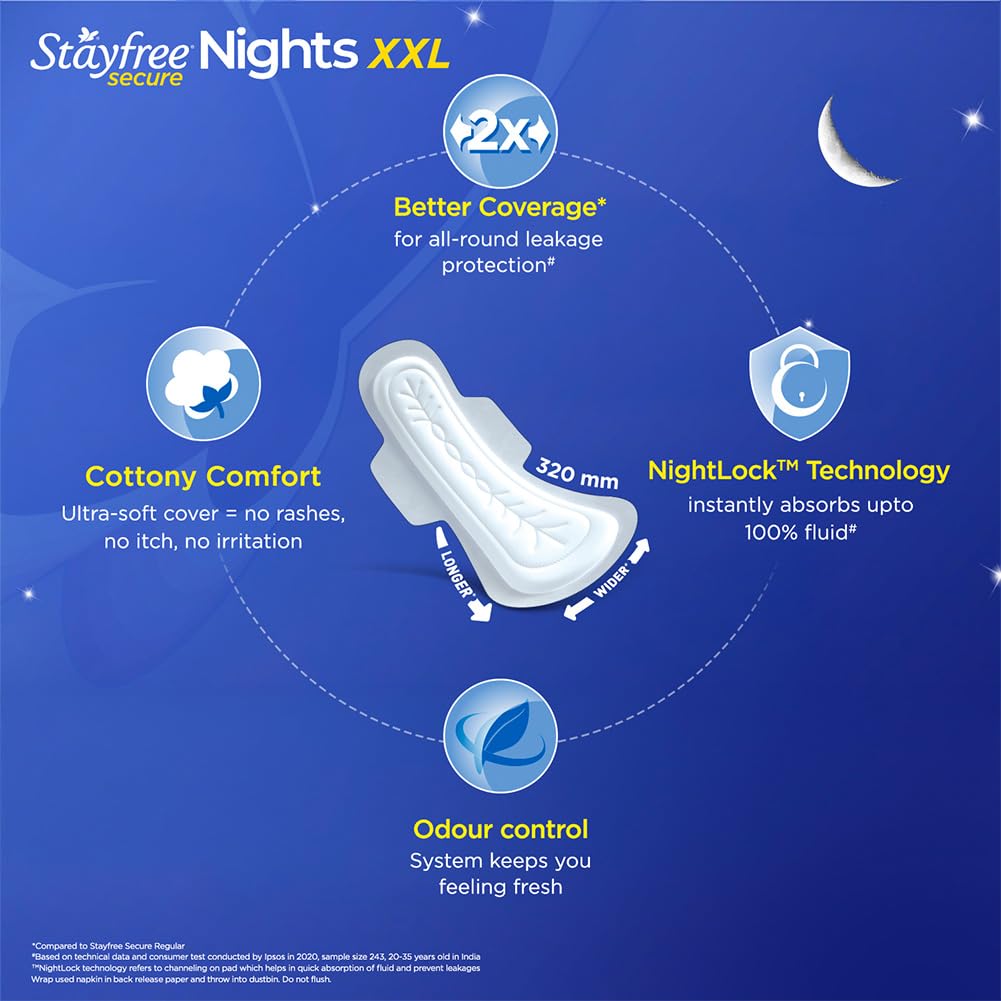 Stayfree Secure Nights XXL Sanitary Pads for Women | 98 Pads Combo Pack| Cottony Soft Cover | Upto 100% leakage protection | Buy XXL at XL price | Absorbs 2x Faster with Wider Back