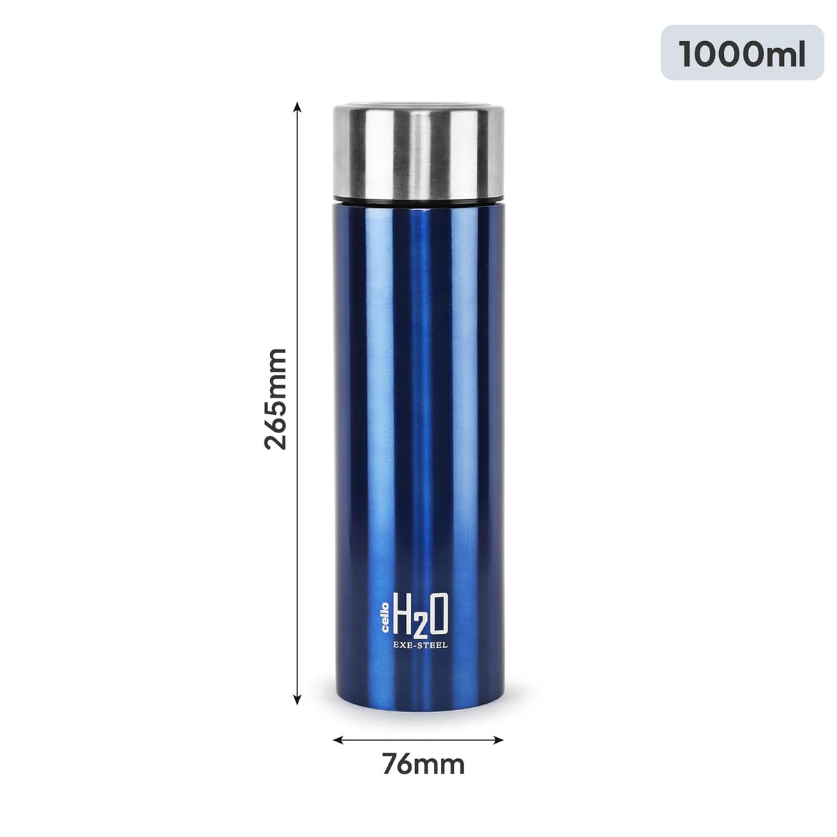 CELLO H2O Stainless Steel Water Bottle for Office & Daily Use 1000 ml Blue | Single Wall Freezer & Fridge Safe, Lightweight & Stylish Leakproof Rustproof Steel Water Bottle for School, Gym & Travel