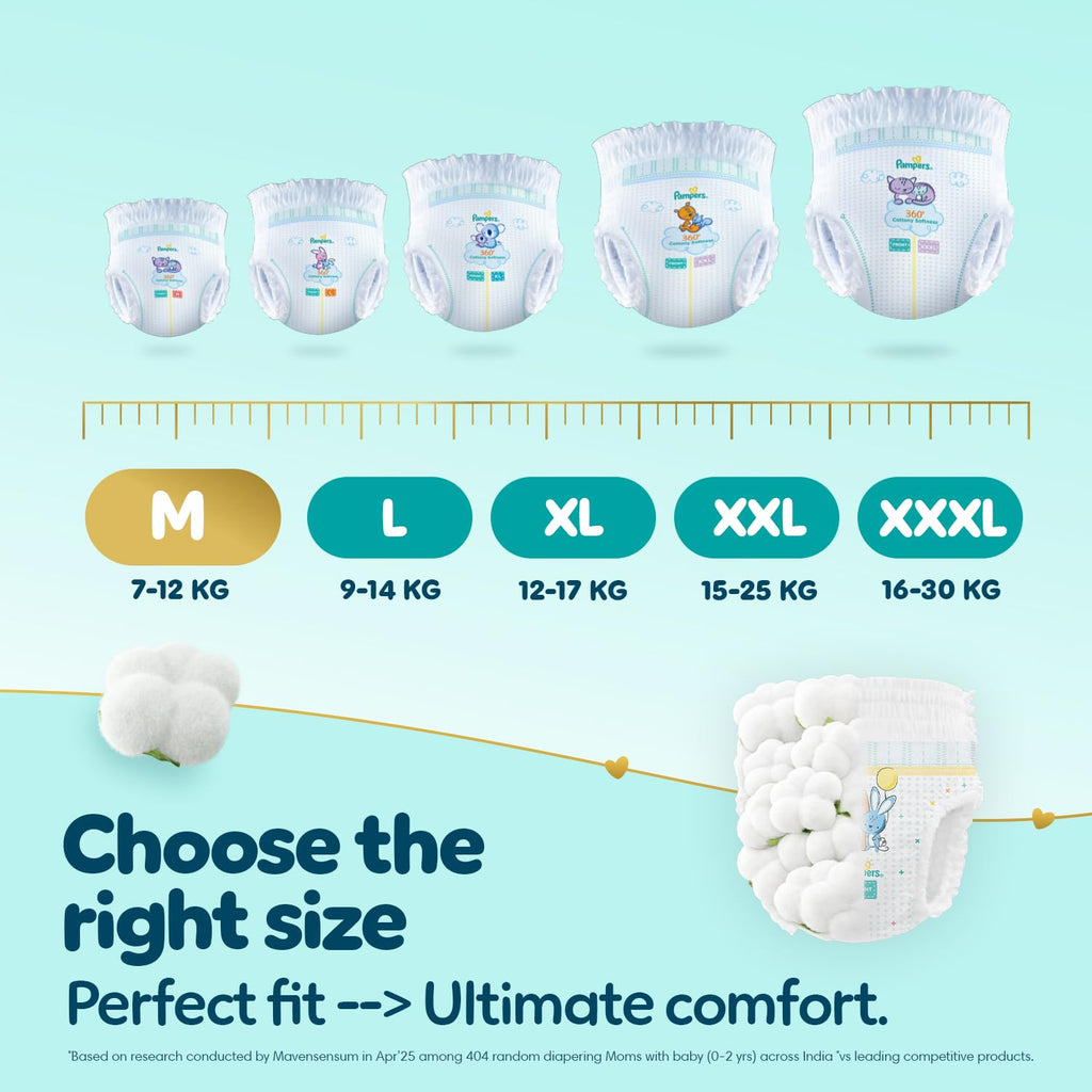 Pampers Premium Care Pant Style Baby Diapers M 104 Count | No Marks Design | Voted India’s #1 Softest Diaper | All in 1 diaper with 360 Cottony Softness