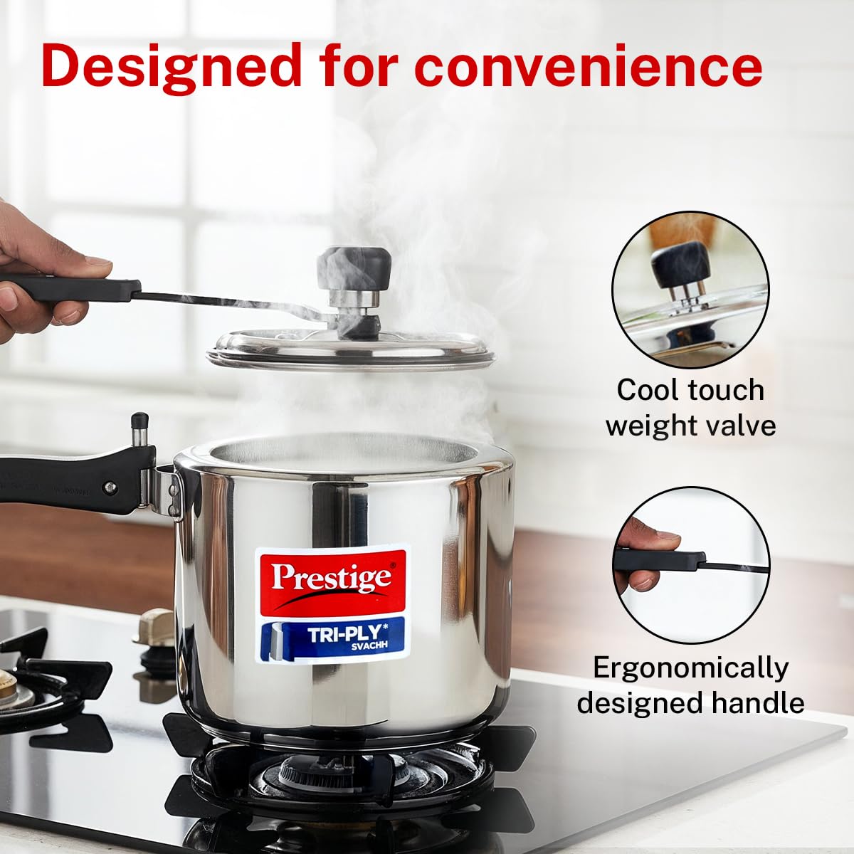 Prestige 3 Litre TRIPLY Svachh Inner Lid Pressure Cooker | Deep Lid for Spillage Control | Visual Pressure Indicator | Metallic Safety Plug | VPI | Gas & Induction Compatible | 5Y Warranty