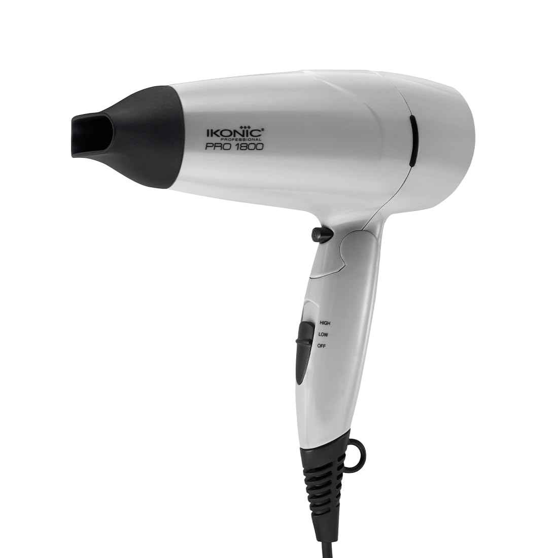 IKONIC 1800 Pro Hair Dryer Grey 2-Speed Temperature Settings with Cool Shot One Nozzle for Concentrated Airflow Spiral Device Cable Folding Design Travel Friendly, 1800Watt All Hair Type