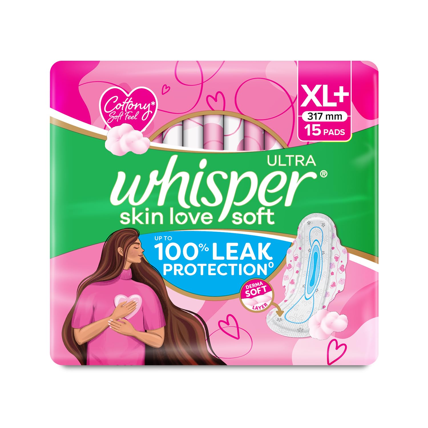 Whisper Ultra Skin Love Soft Sanitary Pads for Women, XL+ 15 Pads