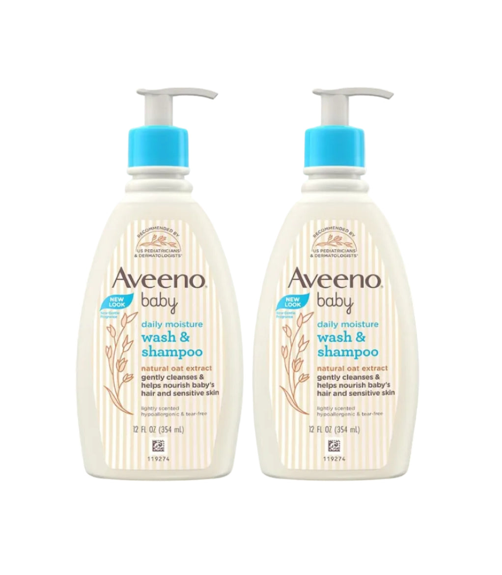 Aveeno Baby Daily Moisture Wash and Shampoo (354ml) | Cleanses hair & body | Oat kernel extract & glycerin | Tear-free, soap-free, paraben-free, hypoallergenic | US #1 Pediatrician recommended
