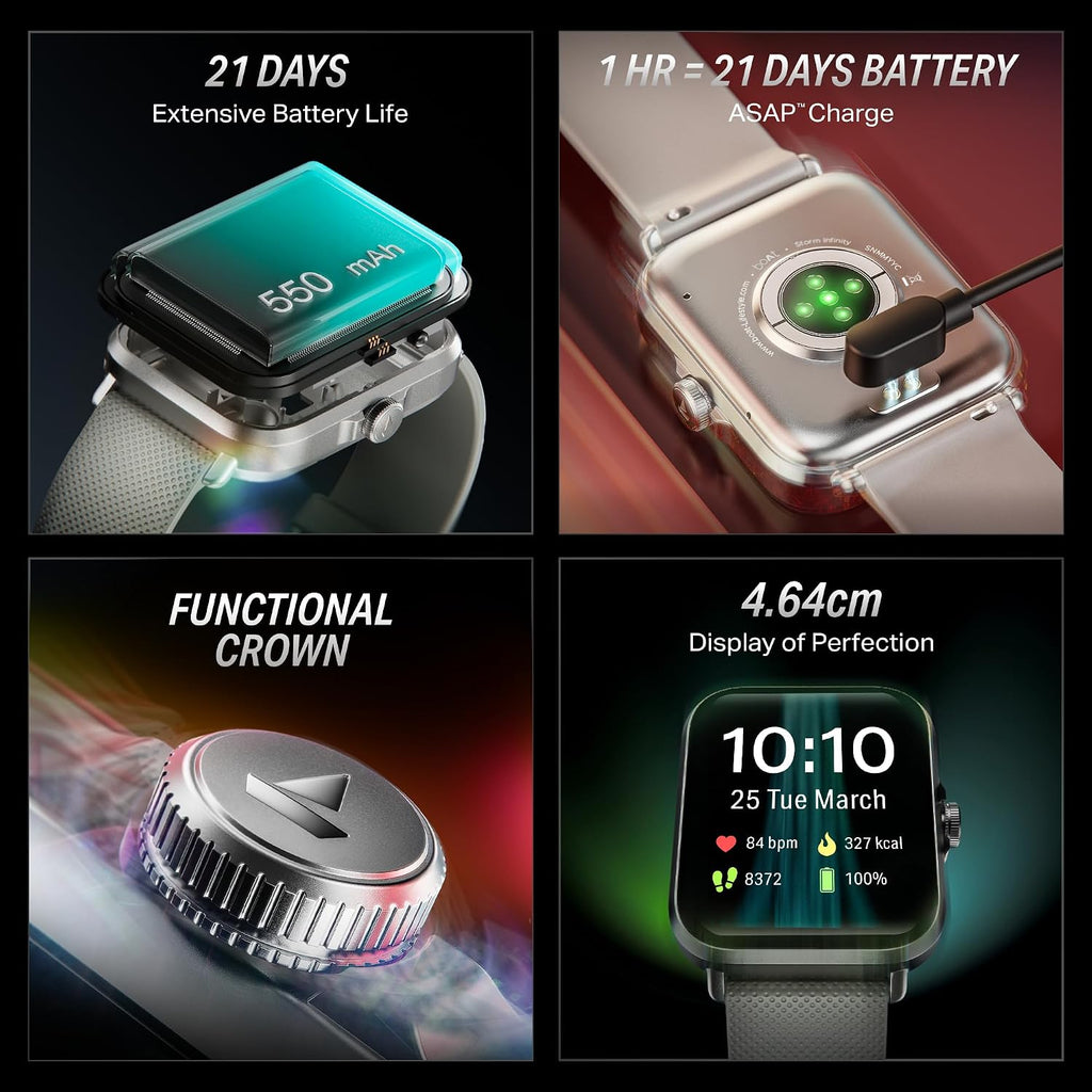 boAt Storm Infinity w/21 Days Extensive Battery Life, BT Calling, Huge 550mAh Battery, Fast Charge, 1.83” (4.65cm) Display, HR, SpO2 & Sleep Tracking, Smart Watch for Men & Women (Silver Mist)