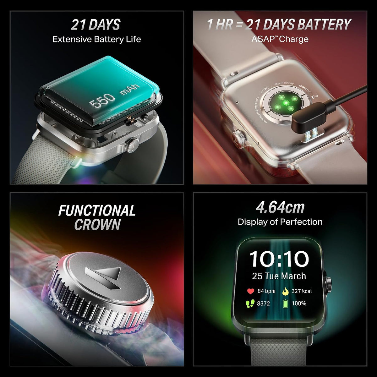 boAt Storm Infinity w/21 Days Extensive Battery Life, BT Calling, Huge 550mAh Battery, Fast Charge, 1.83” (4.65cm) Display, HR, SpO2 & Sleep Tracking, Smart Watch for Men & Women (Silver Mist)