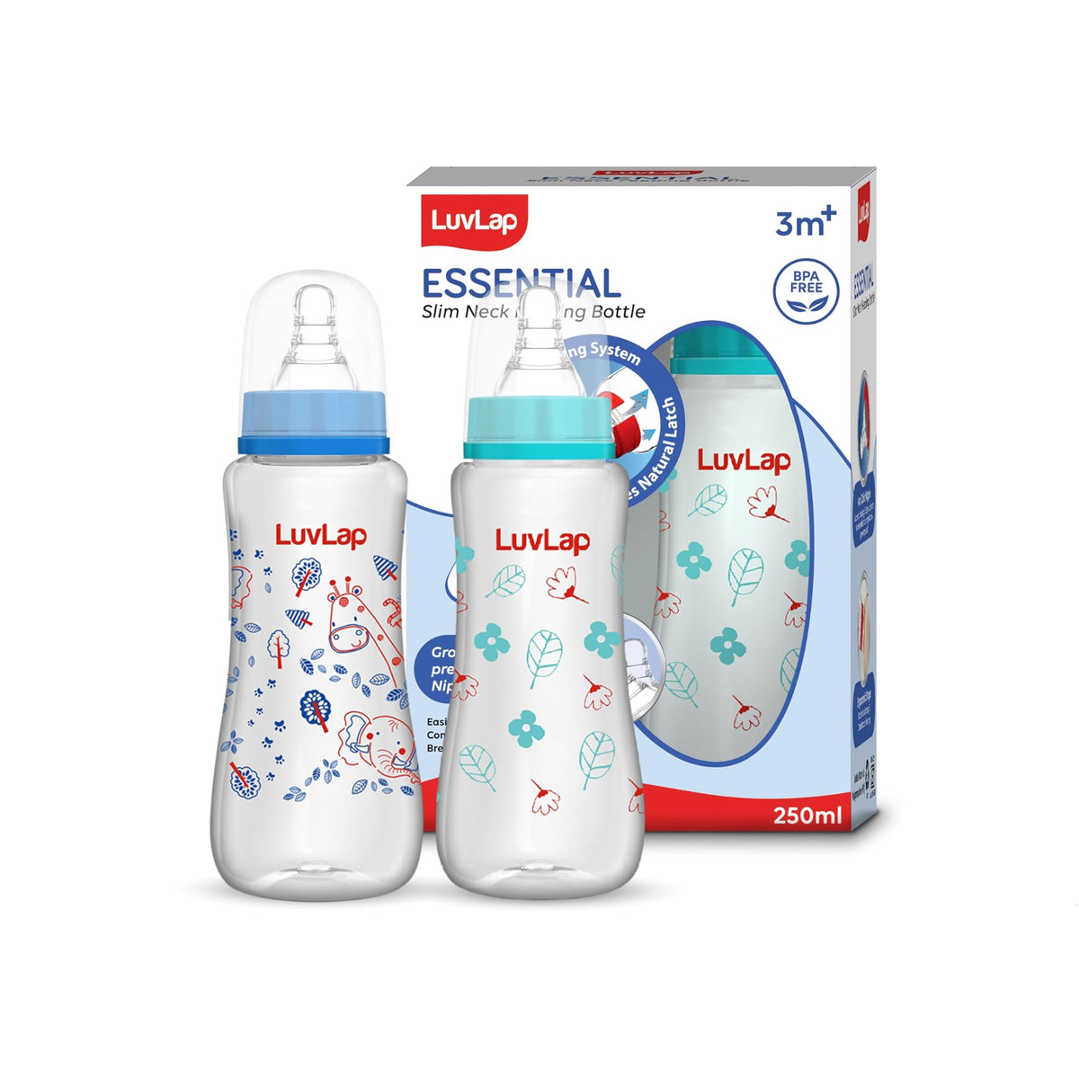 LuvLap Anti-Colic Slim/Regular Neck Essential Baby Plastic Feeding Bottle, 250Ml (Pack of 6), New Born/Infants/Toddler Upto 3 Years, Jungle Tales & Wild Flowers, BPA Free,Blue