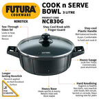 Hawkins Futura 3 Litre Cook n Serve Bowl, Non Stick Saucepan with Glass Lid, Sauce Pan for Cooking and Serving, Black (NCB30G)