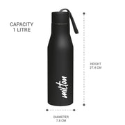 MILTON Super 1000 Stainless Steel Water Bottle 1 ltr, Single Walled, ISI Certified I Leak Proof Lid, Rust Proof I For School, Office, Gym I Black