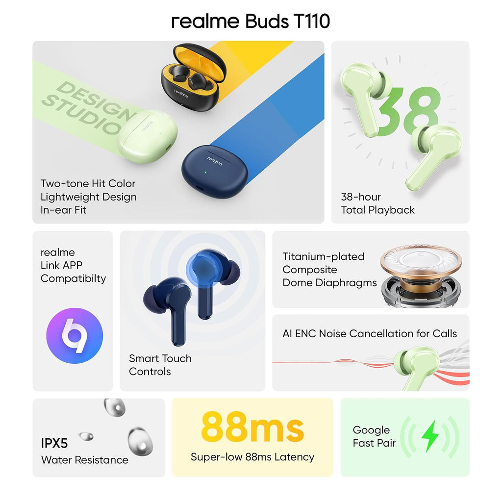 realme Buds T110 True Wireless in Ear Earbuds with 10mm Dynamic Bass Boost Driver, 38 Hours Playback, AI ENC, 88ms Low Latency & IPX5 Water Resistant (Country Green)