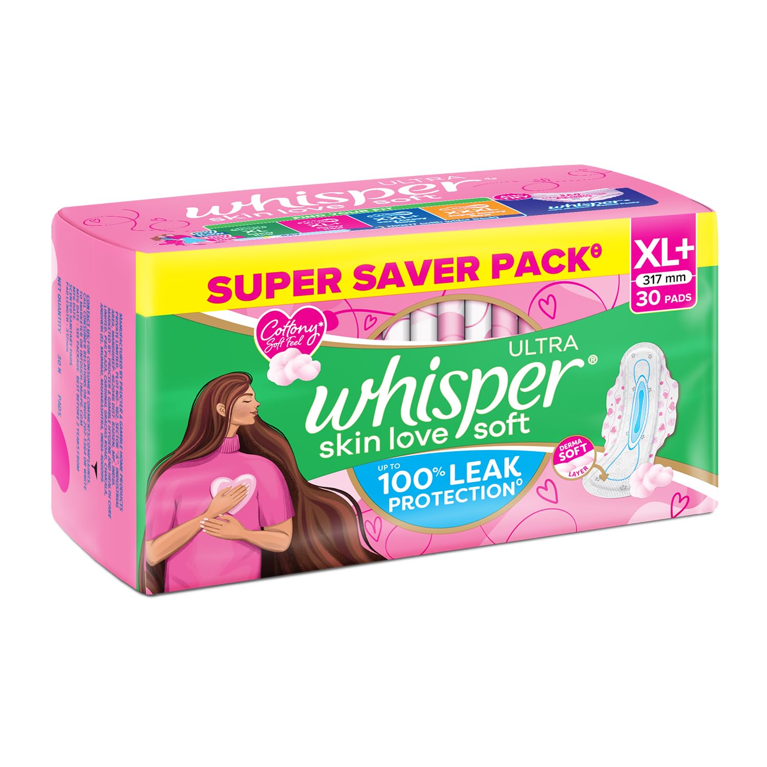 Whisper Ultra Skin Love Soft Sanitary Pads for Women, XL+ 30 Pads