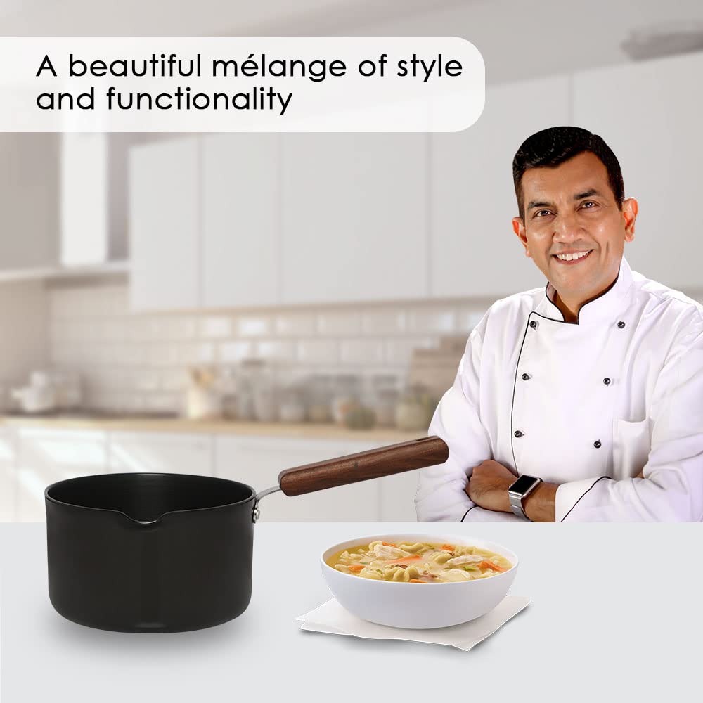 Wonderchef Ebony Hard Anodized Nonstick Sauce Pan | 16cm Non Stick Sauce Pan | 2L | 3.25 mm | Black and Brown