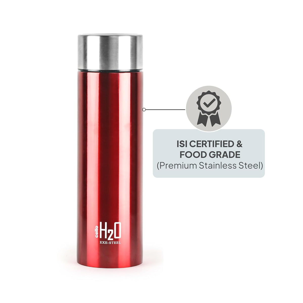 CELLO H2O Stainless Steel Water Bottle for Office & Daily Use 1000 ml, Red | Single Wall Freezer & Fridge Safe, Lightweight & Stylish Leakproof Rustproof Steel Water Bottle for School, Gym & Travel