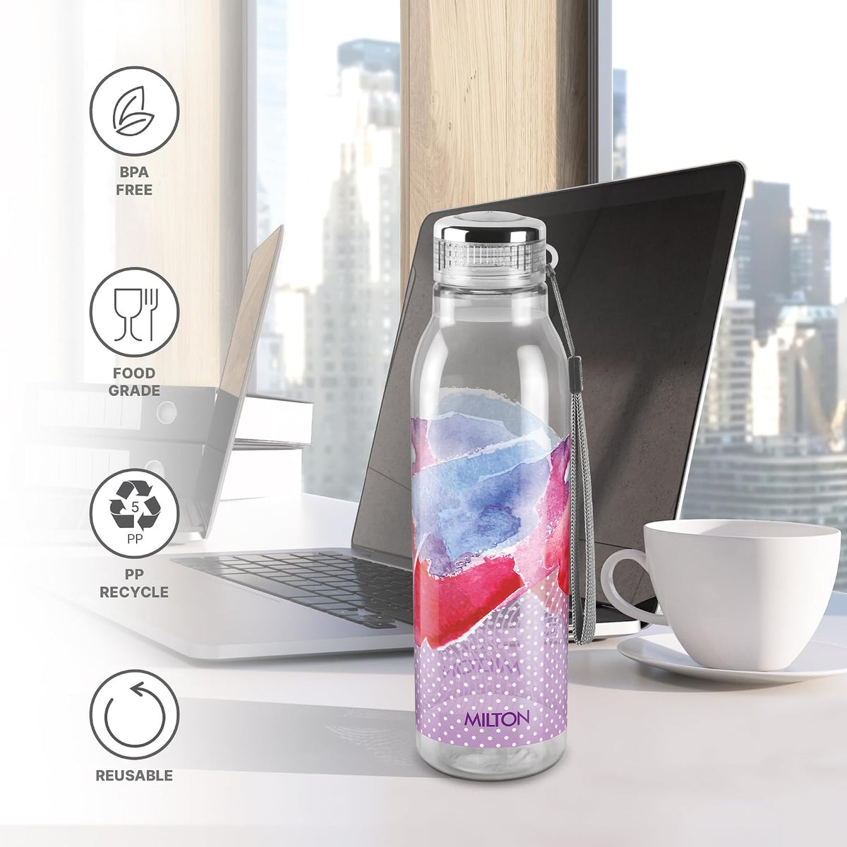 MILTON Helix 1000 Water Bottle, 1 Litre, Reusable Plastic Fridge Bottle, BPA Free and Leak Proof Bottles for Travel, Work, Pack of 1, Purple