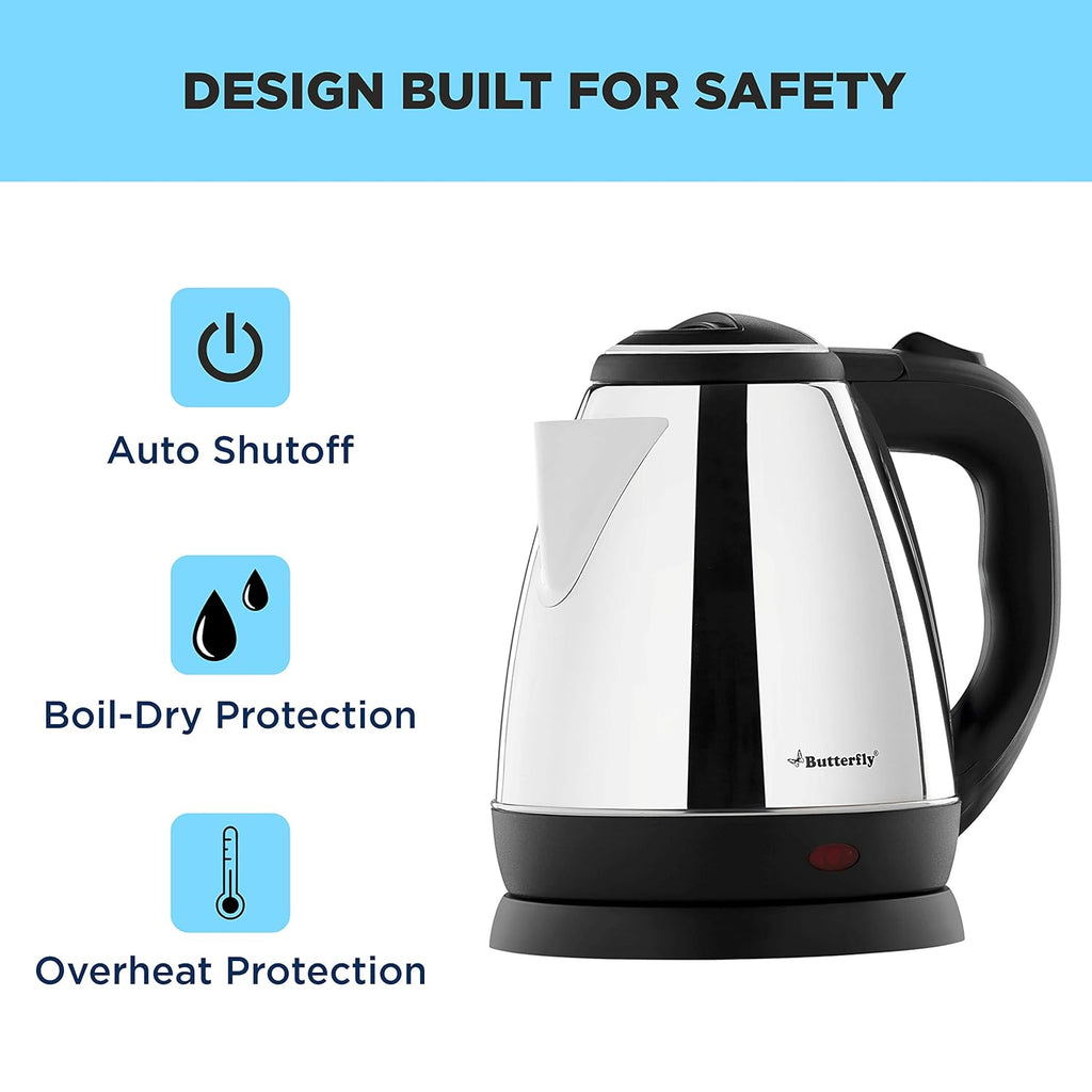 Butterfly EKN 1.5 Litre Stainless Steel Electric Kettle | 1500 W | 360 Swivel Power Base | Auto Shut Off | For Hot Water, Tea, Coffee, Noodles | Dry Boil Protection | (Pack of 2)