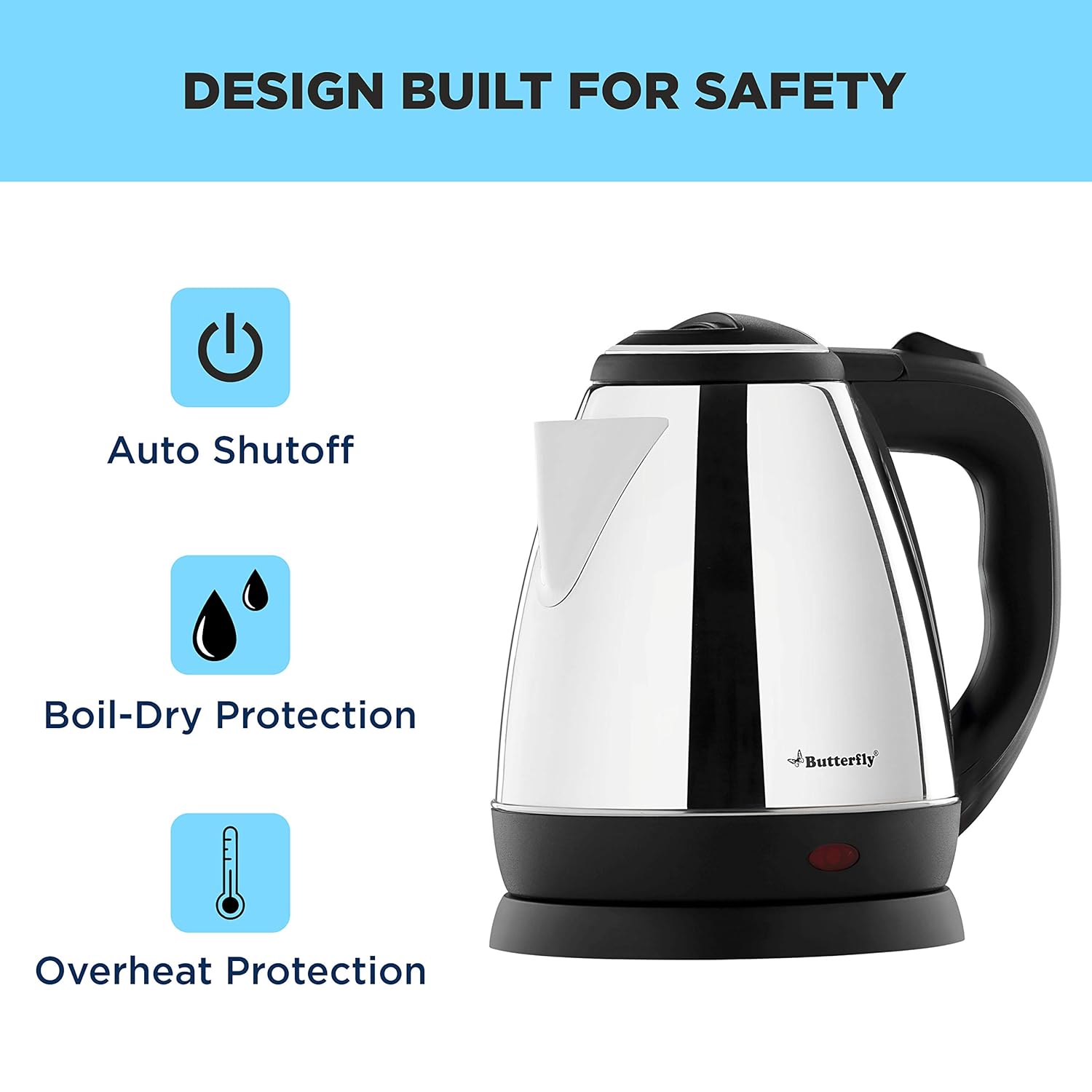 Butterfly EKN 1.5 Litre Stainless Steel Electric Kettle | 1500 W | 360 Swivel Power Base | Auto Shut Off | For Hot Water, Tea, Coffee, Noodles | Dry Boil Protection | (Pack of 2)