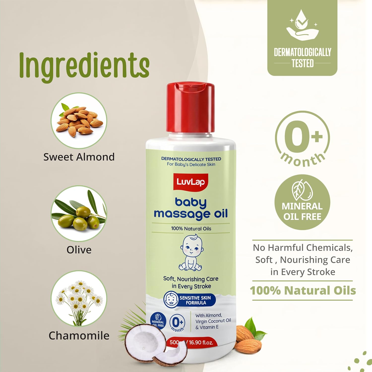 LuvLap Baby Massage Oil with Almond, Virgin Coconut Oil &amp; Vitamin E