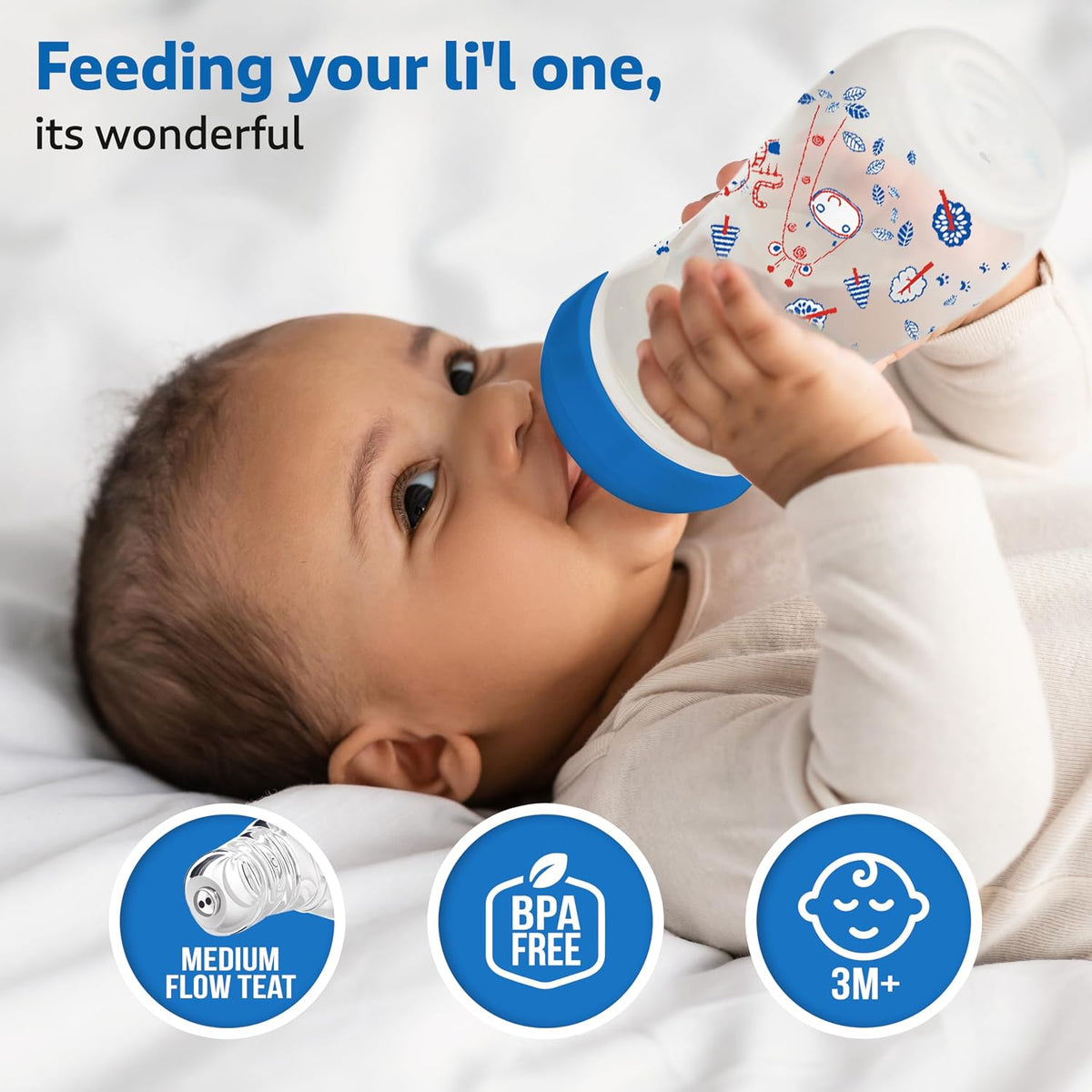 LuvLap Anti-Colic Slim/Regular Neck Essential Baby Plastic Feeding Bottle, 250Ml (Pack of 6), New Born/Infants/Toddler Upto 3 Years, Jungle Tales & Wild Flowers, BPA Free,Blue
