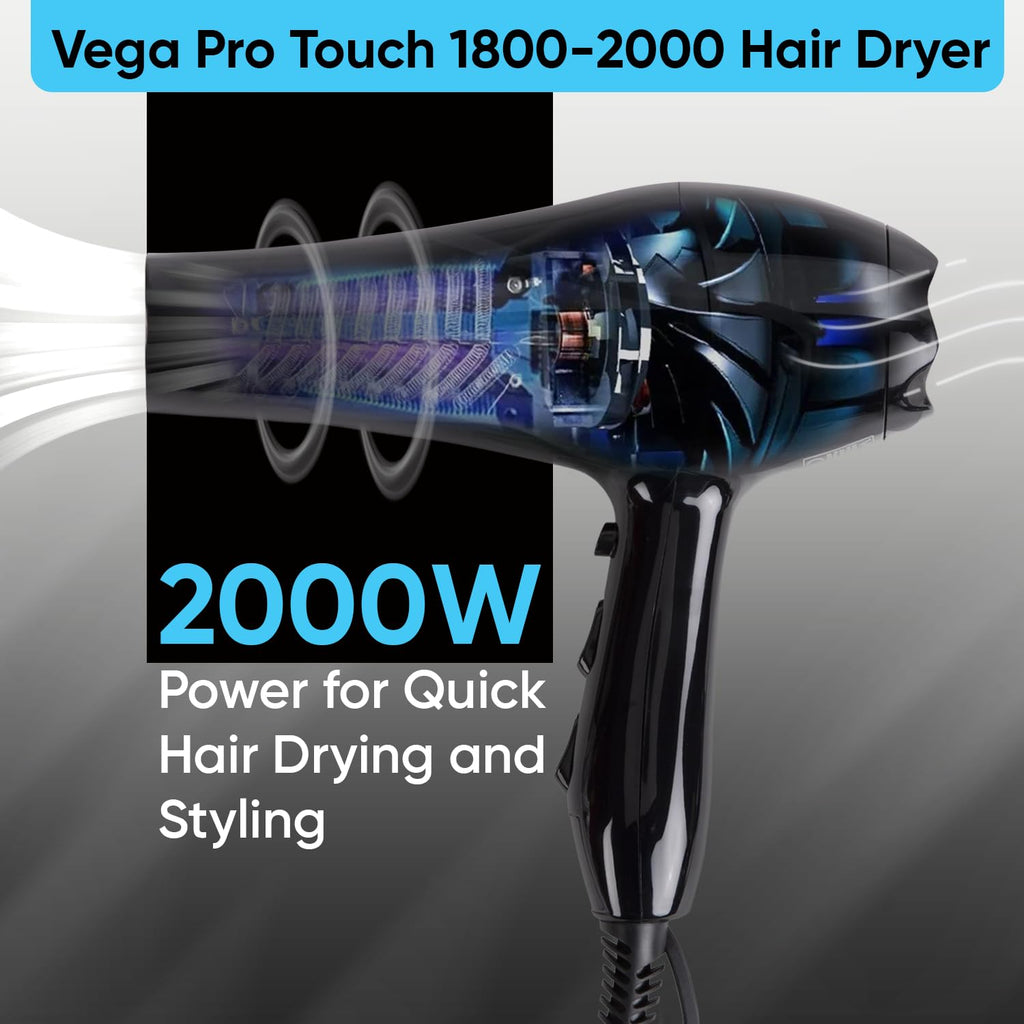 Vega VHDP-02 Professional Hair Dryer For Women & Men- (Pro Touch 1800-2000W) Cool Shot Button, 2 Heat/2 Speed Settings & 2 Detachable Nozzles|Black|2000 Watt