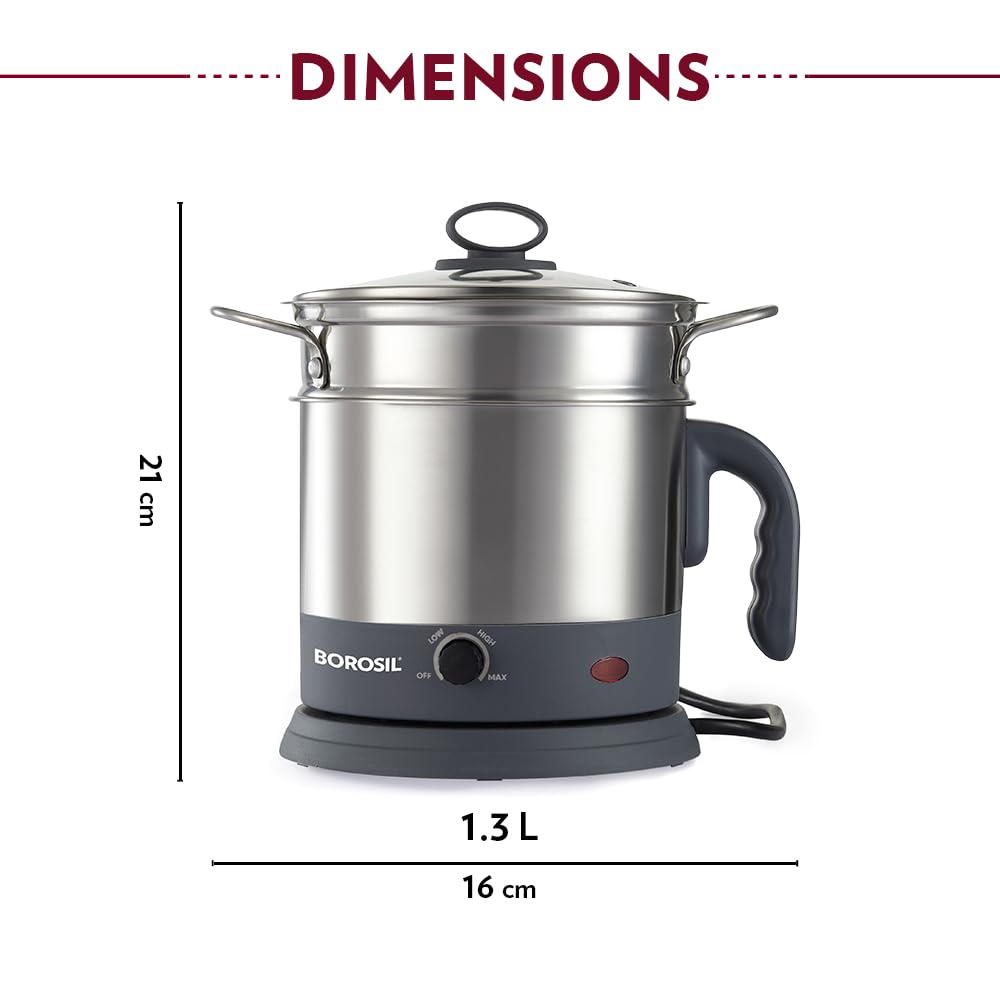 Borosil 1.3L Quick Made in India Electric Steel Kettle with Steamer | Temperature Control Knob, Overheat Protection | For Boiling & Steaming Vegetables, Momo, Egg, Tea, Coffee | 1 Year Warranty