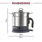 Borosil 1.3L Quick Made in India Electric Steel Kettle with Steamer | Temperature Control Knob, Overheat Protection | For Boiling & Steaming Vegetables, Momo, Egg, Tea, Coffee | 1 Year Warranty