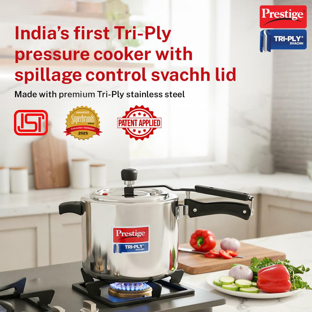Prestige 5 Litre Triply Svachh Inner Lid Pressure Cooker|Gas & Induction Compatible|Deep lid for spillage control|Triply body for even heat distribution|Low Cooking Oil|5 Years Warranty|ISI Certified