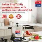 Prestige 5 Litre Triply Svachh Inner Lid Pressure Cooker|Gas & Induction Compatible|Deep lid for spillage control|Triply body for even heat distribution|Low Cooking Oil|5 Years Warranty|ISI Certified