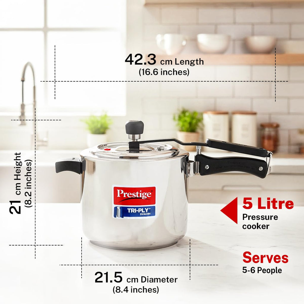 Prestige 5 Litre Triply Svachh Inner Lid Pressure Cooker|Gas & Induction Compatible|Deep lid for spillage control|Triply body for even heat distribution|Low Cooking Oil|5 Years Warranty|ISI Certified
