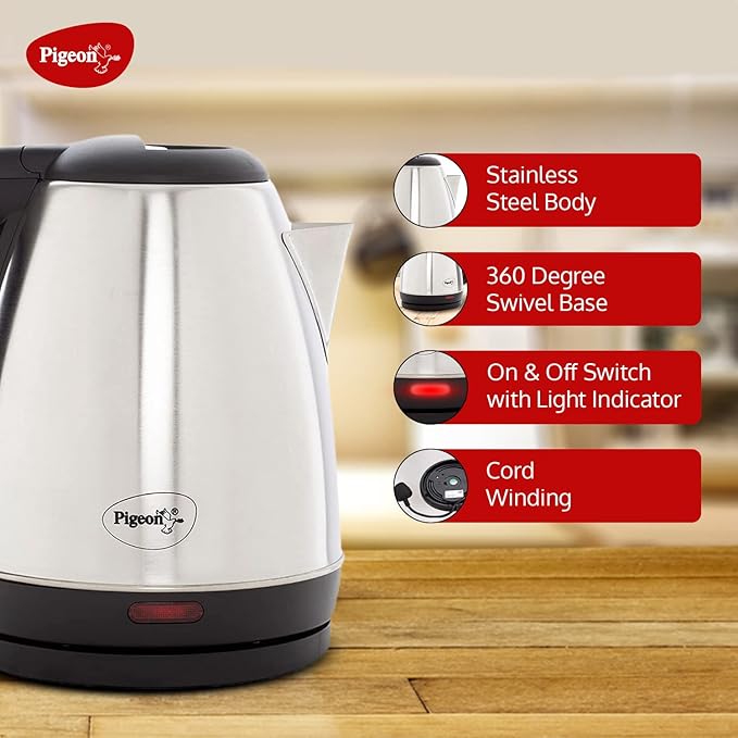 Pigeon Amaze Plus Electric Kettle 1.5 L, 1300 Watt, Stainless Steel Body with Auto Shut-off Feature Used for Boiling Water - (Silver)