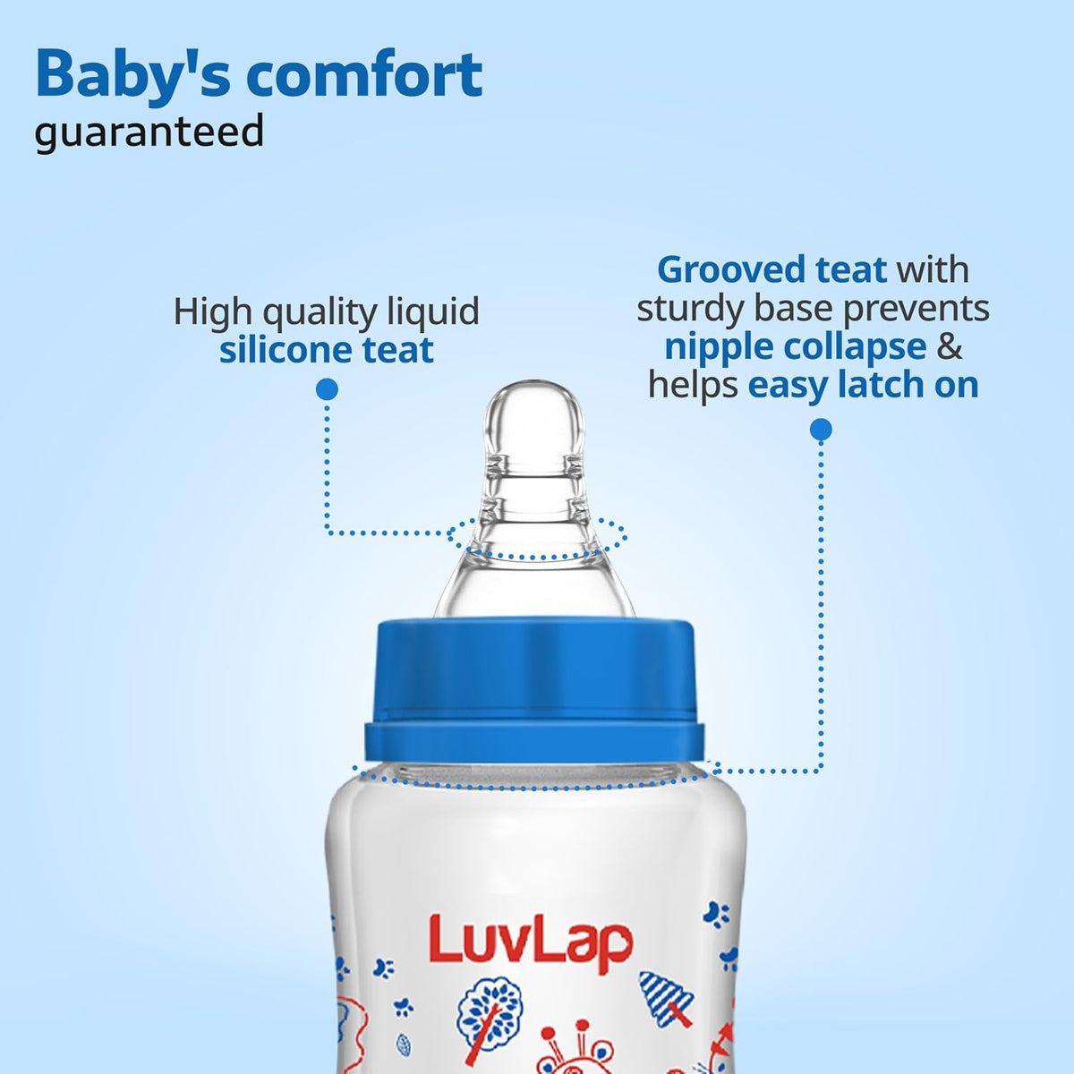 LuvLap Anti-Colic Slim/Regular Neck Essential Baby Plastic Feeding Bottle, 250Ml (Pack of 6), New Born/Infants/Toddler Upto 3 Years, Jungle Tales & Wild Flowers, BPA Free,Blue