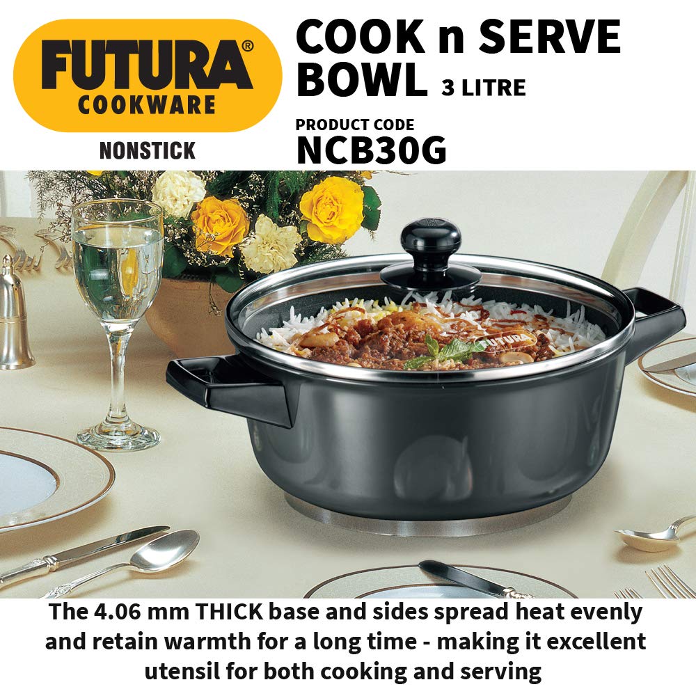 Hawkins Futura 3 Litre Cook n Serve Bowl, Non Stick Saucepan with Glass Lid, Sauce Pan for Cooking and Serving, Black (NCB30G)